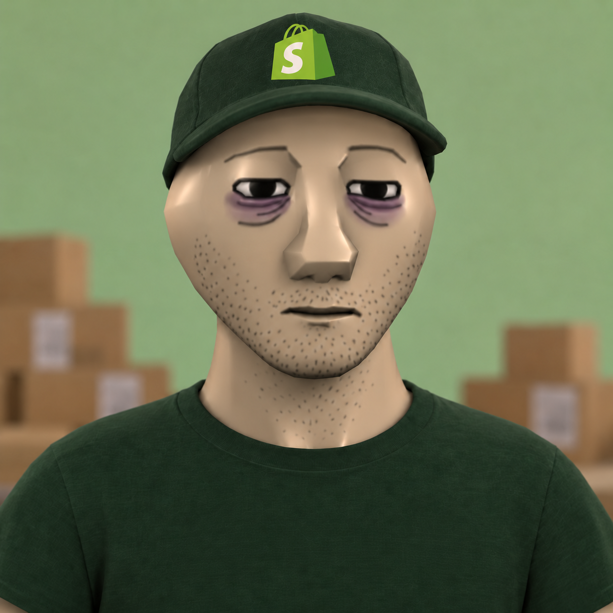 The DROPSHIT mascot: a tired low-poly man with dark eye bags, wearing a green Shopify cap and plain green shirt, with cardboard boxes behind him.